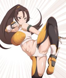 Rule 34 | 00s, 1girl, abs, armlet, bad id, bad pixiv id, black legwear, brown eyes, brown hair, crop top, dungeon and fighter, emphasis lines, fighter (dungeon and fighter), fighting stance, fingerless gloves, framed breasts, gloves, leg up, long hair, matching hair/eyes, midriff, pocari sweat (artist), ponytail, smile, solo