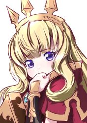 Rule 34 | 1girl, absurdres, blonde hair, blue eyes, book, brooch, cagliostro (granblue fantasy), covering own mouth, granblue fantasy, hanejionsen, highres, holding, holding book, huge filesize, jewelry, long hair, looking at viewer, red neckwear, simple background