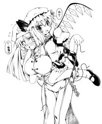 Rule 34 | 2girls, bent over, beret, blush, braid, breasts, chinese clothes, embodiment of scarlet devil, empty eyes, female focus, flandre scarlet, greyscale, hat, hong meiling, kaname-y, large breasts, long hair, mary janes, monochrome, multiple girls, panties, shoes, short hair, side-tie panties, side slit, simple background, socks, touhou, twin braids, underwear, untied, wings, yamanashi kaname