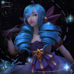 Rule 34 | 1girl, ahoge, artist name, beewo, black background, black bow, blue hair, bow, closed mouth, collarbone, cowboy shot, dress, drill hair, grey dress, gwen (league of legends), hair bow, hand up, instagram logo, league of legends, long hair, procreate (medium), puffy short sleeves, puffy sleeves, scissors, short sleeves, smile, solo, twin drills, twintails, twitter logo, watermark