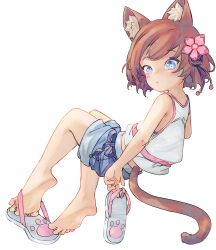 Rule 34 | 1girl, animal ear fluff, animal ears, barefoot, blue eyes, blue shorts, blush, brown hair, cat ears, cat girl, cat tail, chaosexceed, feet, flip-flops, full body, hair ornament, highres, holding sandals, invisible chair, knees together feet apart, leaning back, legs, looking at viewer, original, sandals, unworn sandals, shirt, short hair, shorts, simple background, single sandal, sitting, sleeveless, sleeveless shirt, soles, solo, spread toes, swept bangs, tail, toes, white background, white shirt