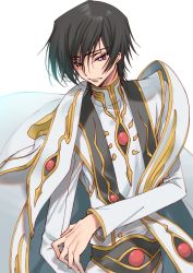 Rule 34 | 1boy, black hair, cape, code geass, creayus, lelouch vi britannia, long sleeves, looking at viewer, m&amp;m (mickey and mackey), male focus, purple eyes, robe, simple background, solo, upper body, white background, white cape