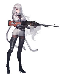 Rule 34 | 1girl, ammunition, ammunition belt, bear hair ornament, belt, between breasts, black footwear, black gloves, black pantyhose, blazer, blush, bodystocking, boots, breast hold, breasts, covered erect nipples, dress, eyebrows, finger on trigger, full body, girls&#039; frontline, gloves, gun, hair between eyes, hair ornament, hair over one eye, head tilt, high heel boots, high heels, holding, holding gun, holding weapon, impossible clothes, jacket, kishiyo, large breasts, long hair, looking at viewer, machine gun, magazine (weapon), necktie, necktie between breasts, nose, official art, pantyhose, parted lips, pk (girls&#039; frontline), pk machine gun, pkm, pleated dress, red eyes, revision, scarf, short dress, solo, standing, strap, thigh boots, thighhighs, transparent background, very long hair, weapon, white background, white dress, white hair, white scarf