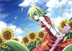 Rule 34 | 1girl, arms behind back, ascot, blue sky, breasts, closed umbrella, cloud, day, dutch angle, field, flower, flower field, green hair, kazami yuuka, long sleeves, looking at viewer, medium breasts, outdoors, parted lips, petals, plaid, plaid skirt, plaid vest, red eyes, short hair, skirt, sky, solo, sunflower, sunflower field, touhou, umbrella, vest, wind, zqhzx