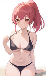Rule 34 | 1girl, bare shoulders, bikini, black bikini, blush, breasts, cleavage, closed mouth, collarbone, hair between eyes, heterochromia, highres, hololive, houshou marine, large breasts, long hair, looking at viewer, navel, ponytail, red eyes, red hair, sitting, smile, swimsuit, thighs, user pycp4484, virtual youtuber, yellow eyes