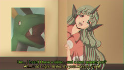 Rule 34 | 1990s (style), 1girl, aqua hair, buttons, cloud print, commentary, commentary request, curly hair, english commentary, english text, green eyes, heart, horns, kariyushi shirt, komainu, komano aunn, open mouth, red shirt, retro artstyle, shirt, short sleeves, single horn, step arts, touhou