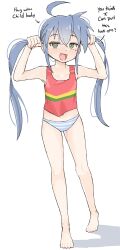 Rule 34 | 1girl, absurdres, ahoge, blue hair, breasts, english text, green eyes, hair between eyes, highres, izumi konata, lolibaba, long hair, lucky star, mole, mole under eye, navel, panties, petite, simple background, small breasts, tank top, twintails, underwear, white background, zlix0n