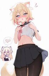 Rule 34 | !, !!, 2girls, @ @, alternate costume, animal ear fluff, animal ears, black pantyhose, black sailor collar, black skirt, blonde hair, blue eyes, blush, breasts, chibi, chibi inset, clothes lift, cowboy shot, cropped shirt, crossed bangs, dog ears, dog girl, dog tail, double-parted bangs, embarrassed, from below, fuwawa abyssgard, hair between eyes, hands up, high-waist pantyhose, highres, hololive, hololive english, koahri, long hair, looking at viewer, looking down, midriff, mococo abyssgard, multicolored hair, multiple girls, navel, neckerchief, open mouth, panties, pantyhose, pink hair, pink neckerchief, pleated skirt, sailor collar, school uniform, shirt, short hair, short sleeves, skirt, skirt lift, small breasts, solo focus, speech bubble, spoken object, standing, streaked hair, striped clothes, striped panties, sweat, tail, two side up, underwear, virtual youtuber, white background, white shirt, wind, wind lift