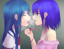 Rule 34 | 2girls, artist request, bare shoulders, blue hair, bow, bowtie, bra, bracelet, breasts, cleavage, collared shirt, drugs, earrings, closed eyes, forced to smoke, grey background, highres, hinanawi tenshi, holding, imminent kiss, jewelry, long hair, marijuana, multiple girls, nagae iku, neck, off shoulder, open clothes, open mouth, open shirt, shirt, short hair, smoke, smoking, smoking pipe, tongue, tongue out, touhou, underwear, upper body, yuri