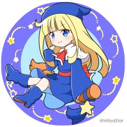 Rule 34 | 1girl, blonde hair, blue background, blue dress, blue eyes, blue footwear, blue headwear, blunt bangs, boots, broom, broom riding, capelet, closed mouth, commentary request, dress, full body, hand up, long hair, long sleeves, mitya, puyopuyo, round image, sleeves past wrists, smile, solo, star (symbol), starry background, transparent background, twitter username, two-tone background, very long hair, white background, white capelet, wide sleeves, witch (puyopuyo)
