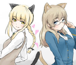 Rule 34 | 2girls, alternate hairstyle, animal ears, bad id, bad pixiv id, bespectacled, blonde hair, blue eyes, borrowed clothes, braid, brown hair, cat ears, cat tail, cosplay, costume switch, unworn eyewear, eyewear switch, glasses, hair ribbon, hairstyle switch, heart, highres, kento1102, looking at viewer, lynette bishop, lynette bishop (cosplay), military, military uniform, multiple girls, perrine h. clostermann, perrine h clostermann (cosplay), ribbon, smile, strike witches, tail, uniform, world witches series, yellow eyes