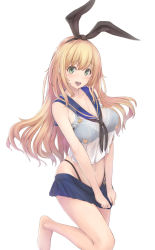 Rule 34 | 1girl, :d, atago (kancolle), barefoot, black ribbon, blonde hair, blue skirt, blush, bra, breasts, cleavage, clothes pull, collarbone, cosplay, covered erect nipples, covering privates, covering crotch, green eyes, hair ribbon, highres, kantai collection, lace trim, large breasts, long hair, microskirt, navel, open mouth, pleated skirt, ribbon, sailor collar, see-through, shimakaze (kancolle), shimakaze (kancolle) (cosplay), shirt, simple background, skirt, skirt pull, smile, solo, standing, standing on one leg, underwear, urigarasu, wet, wet clothes, wet shirt, white background