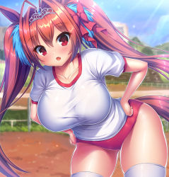 Rule 34 | 1girl, :o, animal ears, bent over, blush, breasts, brown hair, daiwa scarlet (umamusume), fang, gym uniform, hair intakes, hands on own hips, horse ears, horse girl, horse tail, large breasts, long hair, looking at viewer, outdoors, red eyes, solo, tail, takeponi, thighhighs, twintails, umamusume, white thighhighs