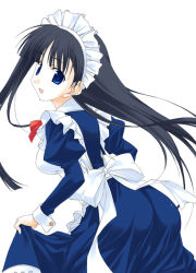 Rule 34 | 00s, black hair, blue eyes, clothes lift, kusakabe yuuki (to heart 2), maid, simple background, solo, tagme, to heart (series), to heart 2, white background