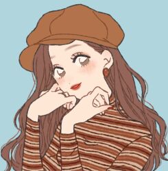 Rule 34 | 1girl, blush, bright pupils, brown eyes, brown hair, brown hat, brown shirt, cabbie hat, casual, commentary, dot nose, earrings, eyelashes, fingernails, gem, hair behind ear, hand on own face, hat, jewelry, light blue background, lipstick, long hair, long sleeves, looking at viewer, makeup, nail polish, original, parted lips, red lips, red nails, retro artstyle, rikuwo, shirt, simple background, smile, solo, striped clothes, striped shirt, upper body, white pupils