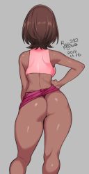 Rule 34 | 1girl, agawa ryou, ass, backboob, breasts, brown hair, chinese clothes, clothes lift, commentary, contrapposto, dark-skinned female, dark skin, dated, dudou, english commentary, flat ass, from behind, g-string, grey background, halterneck, halterneck, hand on own hip, high ponytail, kneepits, medium breasts, medium hair, midriff, miniskirt, original, panties, pink skirt, purple panties, signature, skirt, skirt lift, solo, standing, thighs, thong, underwear, wide hips