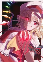 Rule 34 | 1girl, apple, ascot, blonde hair, cowboy shot, crystal, dress, dutch angle, flandre scarlet, food, fruit, hat, highres, holding, holding food, holding fruit, looking at viewer, medium hair, red apple, red dress, red eyes, sharp teeth, simple background, smirk, solo, strail cycleman, teeth, touhou, yellow ascot