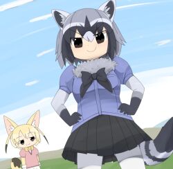 Rule 34 | 2girls, animal ear fluff, animal ears, black bow, black bowtie, black skirt, blonde hair, blue shirt, blush, bow, bowtie, brown eyes, cardigan, closed mouth, commentary request, common raccoon (kemono friends), cowboy shot, extra ears, fennec (kemono friends), fox ears, fox girl, fox tail, gloves, grey hair, hair between eyes, hands on own hips, kemono friends, lets0020, looking at viewer, medium bangs, multicolored hair, multiple girls, pantyhose, pink cardigan, pleated skirt, raccoon ears, raccoon girl, raccoon tail, shirt, short hair, short sleeves, skirt, smile, tail, v-shaped eyebrows, white pantyhose, yellow bow, yellow bowtie