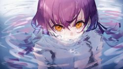 Rule 34 | 1girl, bikini, black bikini, breasts, cleavage, close-up, closed mouth, commentary, hair between eyes, in water, long hair, looking at viewer, original, purple hair, solo, swimsuit, whitem (whiteemperor2020), yellow eyes