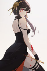 Rule 34 | 1girl, :o, absurdres, back, black dress, black gloves, black hair, black thighhighs, blood, blood on arm, blood on face, blood on leg, bloody weapon, breasts, dagger, dress, fingerless gloves, flower, from side, gloves, gold hairband, hair flower, hair ornament, hairband, hand up, highres, knife, lance (lancelliu), long hair, looking at viewer, looking to the side, medium breasts, parted lips, rose, sidelocks, simple background, skindentation, solo, spikes, spy x family, stiletto (weapon), strap slip, thighhighs, two-sided dress, two-sided fabric, weapon, white background, yor briar, zettai ryouiki