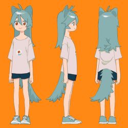 Rule 34 | 1girl, :&gt;, animal ears, antenna hair, aqua footwear, aqua hair, arms at sides, bad id, bad pixiv id, bare legs, blue footwear, blue shorts, cat ears, cat tail, character sheet, closed mouth, cross-laced footwear, dot nose, facing away, from behind, from side, full body, hair between eyes, long hair, looking at viewer, looking away, multiple views, niwabuki, orange background, original, print shirt, profile, red eyes, ruka (niwabuki), shirt, shoes, short sleeves, shorts, simple background, smile, sneakers, standing, t-shirt, tail, tareme, turnaround