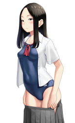 Rule 34 | 1girl, blue one-piece swimsuit, closed mouth, clothes pull, commentary, covered navel, cowboy shot, dress shirt, frown, grey skirt, half-closed eyes, highres, long bangs, looking at viewer, maburu (lojyq1eur3e8bit), medium hair, neck ribbon, one-piece swimsuit, open clothes, open shirt, original, pleated skirt, pulling own clothes, red ribbon, ribbon, school swimsuit, school uniform, shirt, short sleeves, simple background, skirt, skirt pull, solo, standing, straight hair, swimsuit, swimsuit under clothes, white background, white shirt, wing collar
