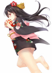 Rule 34 | 10s, 1girl, ball, barefoot, black hair, check commentary, commentary request, feet, floral print, greek toe, hair ornament, japanese clothes, kimono, long hair, long sleeves, looking at viewer, love live!, love live! school idol festival, love live! school idol project, natsu (natume0504), no panties, obi, profile, red eyes, sash, short kimono, simple background, soles, solo, standing, standing on one leg, tassel, temari ball, toes, very long hair, white background, wide sleeves, yazawa nico