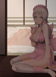 Rule 34 | 1girl, alternate color, bed, blue eyes, breasts, chemical-x, cleavage, covered erect nipples, dark, iroha (samurai spirits), japanese clothes, large breasts, maid, no panties, samurai spirits, see-through, short hair, sitting, solo, thighhighs, white hair