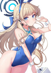 Rule 34 | 1girl, blonde hair, blue archive, blue bow, blue bowtie, blue eyes, blue hair, blue halo, blush, bow, bowtie, braid, breasts, cleavage, closed mouth, cowboy shot, detached collar, earpiece, grin, halo, highres, long hair, looking at viewer, medium breasts, multicolored hair, official alternate costume, shinori (efvbji6264), simple background, smile, solo, streaked hair, toki (blue archive), toki (bunny) (blue archive), white background, wrist cuffs