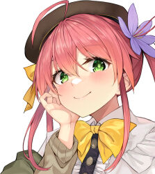 Rule 34 | 1girl, ahoge, beret, blush, close-up, commentary request, dreamlight2000, flower, flower knight girl, green eyes, hair flower, hair ornament, hat, long sleeves, necktie, pink hair, saffron (flower knight girl), simple background, smile, solo, twintails, white background, yellow necktie