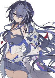 1girl absurdres acheron_(honkai:_star_rail) armor black_choker black_gloves black_shirt black_shorts breasts chain chain_around_arm choker closed_mouth coat coattails commentary_request cowboy_shot criss-cross_halter crop_top earrings eyes_visible_through_hair gloves hair_ornament hair_over_one_eye halterneck highres holding holding_petal honkai:_star_rail honkai_(series) jewelry large_breasts long_hair looking_at_viewer midriff navel petals purple_eyes purple_hair red_petals rizu033 shirt shorts shoulder_armor simple_background solo thighs very_long_hair white_background white_coat