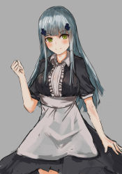 Rule 34 | 1girl, absurdres, apron, aqua hair, blush, breasts, closed mouth, girls&#039; frontline, green eyes, grey background, hand up, highres, hk416 (girls&#039; frontline), long hair, looking at viewer, maid, maid apron, medium breasts, rosehip t72, smile, solo, standing