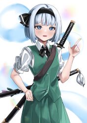 Rule 34 | 1girl, absurdres, black bow, black bowtie, black hairband, blue eyes, blush, bow, bowtie, collared shirt, green skirt, green vest, grey hair, hair intakes, hairband, highres, index finger raised, konpaku youmu, looking at viewer, medium hair, open mouth, pleated skirt, ramiki, sheath, sheathed, shirt, short sleeves, skirt, solo, standing, sword, touhou, vest, weapon, white shirt, wing collar
