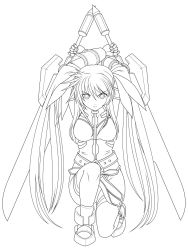 Rule 34 | 00s, 1girl, bardiche (nanoha), bardiche (riot zanber stinger) (nanoha), belt, breasts, dual wielding, fate testarossa, fate testarossa (true sonic form), gauntlets, greyscale, hair ribbon, holding, lineart, long hair, looking at viewer, lyrical nanoha, mahou shoujo lyrical nanoha strikers, monochrome, on one knee, ribbon, solo, sword, t2r, thighhighs, twintails, weapon