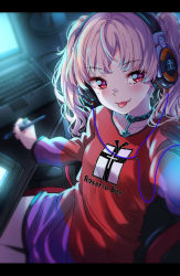 Rule 34 | 1girl, bad id, bad pixiv id, black nails, blush, brown hair, choker, closed mouth, collarbone, computer, fangs, headphones, laptop, letterboxed, long sleeves, looking at viewer, medium hair, mole, mole under eye, nail polish, original, red eyes, rusk (canvas4ban), sitting, smile, solo, stylus, tongue, tongue out, twintails