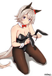 Rule 34 | 1girl, absurdres, animal ears, artist name, black leotard, black pantyhose, bow, bowtie, breasts, cleavage, curren chan (umamusume), detached collar, fake animal ears, full body, grey hair, highres, horse ears, horse girl, horse tail, kneeling, leotard, medium breasts, motsutoko, nontraditional playboy bunny, pantyhose, purple eyes, rabbit ears, red bow, red bowtie, short hair, solo, strapless, strapless leotard, tail, umamusume, wrist cuffs