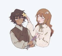 Rule 34 | :&lt;, :d, aged down, blush, brown hair, catherine (project moon), closed eyes, dark-skinned male, dark skin, dress, flower, flying sweatdrops, hair between eyes, hair flower, hair ornament, happy, heathcliff (project moon), hetero, highres, holding, holding flower, light blush, lilac, limbus company, messy hair, open mouth, project moon, puffy sleeves, purple eyes, purple flower, smile, upper body, vest, white background, white dress, yobunkiii