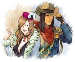 Rule 34 | 1boy, 1girl, ace attorney, adjusting clothes, adjusting headwear, angel starr, artist name, bandana, black eyes, black hair, breasts, cleavage, commentary, cowboy hat, earrings, english commentary, facial hair, fingerless gloves, fur trim, gloves, hair over one eye, hand up, hat, highres, jake marshall, jewelry, long hair, long sleeves, medium breasts, ohyotomato, pocket, simple background, smile, stubble, tilted headwear, upper body