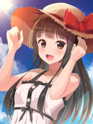 Rule 34 | 1girl, aibumi, bare arms, bare shoulders, blush, bow, brown eyes, brown hair, cloud, collarbone, day, fingernails, hands up, hat, hat bow, lens flare, lipstick, long hair, looking at viewer, makeup, nail polish, open mouth, original, outdoors, pink nails, red bow, sidelocks, sky, sleeveless, solo, upper body