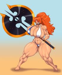 Rule 34 | absurdres, axe, barefoot, battle axe, bikini, blue eyes, breasts, eyepatch, highres, holding, holding weapon, large breasts, muscular, muscular female, orange hair, swimsuit, weapon, zess (zesty jesus)
