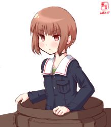 Rule 34 | 10s, 1girl, artist logo, blunt bangs, blush, breast pocket, brown eyes, brown hair, cosplay, creator connection, dated, girls und panzer, hatch, highres, kanon (kurogane knights), kantai collection, long sleeves, look-alike, military, military vehicle, motor vehicle, ooarai military uniform, pocket, pointy ears, short hair, simple background, solo, tank, upper body, white background, z3 max schultz (kancolle)
