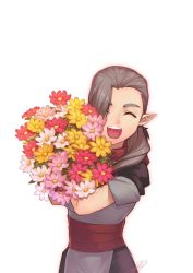 Rule 34 | 1boy, brown hair, closed eyes, flower, long hair, luozhu (the legend of luoxiaohei), male focus, open mouth, pink flower, pointy ears, red flower, rkp, signature, simple background, smile, solo, luo xiaohei zhanji, white background, white flower, yellow flower
