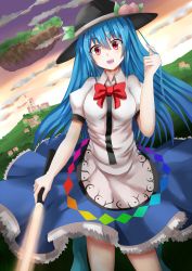 Rule 34 | 1girl, bad id, bad pixiv id, black hat, blouse, blue dress, blue hair, cloud, cowboy shot, dress, food, food on head, frills, fruit, fruit on head, hat, highres, hinanawi tenshi, keystone, leaf, long hair, looking at viewer, object on head, open mouth, outdoors, peach, playing with own hair, puffy short sleeves, puffy sleeves, red eyes, shirt, short sleeves, skirt, sky, solo, sword of hisou, touhou, town, ukine rs, white shirt, yuki (snowmaiden)