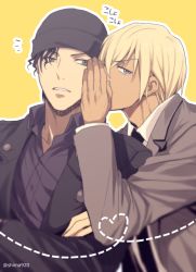 Rule 34 | 2boys, akai shuuichi, amuro tooru, beanie, black hair, black headwear, black jacket, black neckwear, black shirt, blonde hair, blue eyes, collared shirt, commentary request, covering own mouth, crossed arms, dark-skinned male, dark skin, formal, green eyes, grey jacket, hand up, hat, heart, jacket, looking at another, looking at viewer, male focus, mashima shima, meitantei conan, multiple boys, necktie, notice lines, outline, parted lips, shirt, simple background, translation request, twitter username, upper body, whispering, white outline, white shirt, yellow background