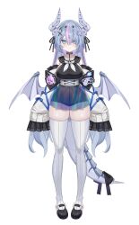 Rule 34 | 1girl, black footwear, black leotard, black ribbon, black sailor collar, blue eyes, blue ribbon, breasts, closed mouth, dragon horns, dragon tail, dragon wings, full body, grey hair, hair ornament, hair ribbon, heart, high-waist skirt, highres, horns, hwansang jungdog, large breasts, leotard, long hair, multicolored hair, off shoulder, original, pink hair, pleated skirt, ribbon, sailor collar, see-through clothes, see-through skirt, skirt, sleeves past fingers, sleeves past wrists, solo, streaked hair, tail, thighhighs, white thighhighs, wings, x hair ornament