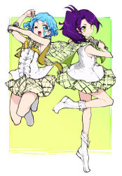 Rule 34 | 2girls, ;d, bare arms, blue eyes, blue hair, boots, dorothy west, enouchi ai, from side, full body, gradient background, holding, jumping, leg up, long hair, looking at viewer, microphone, multiple girls, one eye closed, open mouth, outside border, plaid, plaid skirt, pretty series, pripara, purple hair, short hair, side ponytail, skirt, sleeveless, smile, standing, standing on one leg, toudou shion, white footwear, yellow eyes