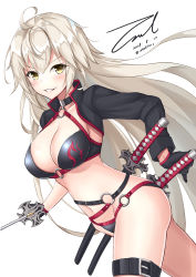 Rule 34 | 1girl, ahoge, bikini, black bikini, black jacket, blush, breasts, choker, cleavage, collarbone, cropped jacket, dated, fate (series), gloves, groin, hair between eyes, holding, holding sword, holding weapon, jacket, jeanne d&#039;arc alter (swimsuit berserker) (fate), jeanne d&#039;arc (fate), jeanne d&#039;arc alter (fate), jeanne d&#039;arc alter (swimsuit berserker) (fate), katana, large breasts, long hair, looking at viewer, messy hair, multiple swords, navel, o-ring, parted lips, shrug (clothing), sidelocks, signature, simple background, smirk, solo, stomach, swimsuit, sword, thigh strap, unel, very long hair, weapon, white background, yellow eyes
