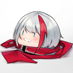 Rule 34 | 1girl, admiral graf spee (azur lane), azur lane, blue eyes, blush, drooling, gradient background, grey background, hair over one eye, mouth drool, multicolored hair, open mouth, osisio, red hair, red scarf, saliva, scarf, silver hair, solo, streaked hair, white background, | |