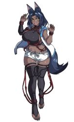 Rule 34 | 1girl, animal ear fluff, animal ears, blue hoodie, blue nails, breasts, brups tv, claw pose, commission, dark skin, dark-skinned female, fingernails, highres, hood, hoodie, large breasts, midriff, nail polish, navel, open mouth, original, sharp fingernails, sharp toenails, short shorts, shorts, skindentation, sleeveless, sleeveless hoodie, smile, solo, tail, thighhighs, toenails, toes, two-tone hoodie, white background, white hoodie, white shorts