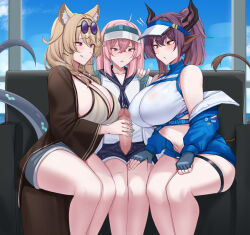 Rule 34 | 1boy, 2girls, absurdres, age difference, animal ear fluff, animal ears, ansel (arknights), ansel (casual vacation) (arknights), aqua nails, arknights, bare shoulders, bikini, blue tail, breasts, brown coat, brown hair, coat, couch, cow ears, cow girl, cow tail, eyewear on head, handjob, highres, jacket, kanta (kanta 077), large breasts, large penis, lizard tail, lop rabbit ears, multiple girls, on couch, onee-shota, open clothes, open jacket, penis, pink hair, purple eyes, purple hair, rabbit ears, rabbit girl, sideroca (arknights), sideroca (light breeze) (arknights), sitting, sunglasses, swimsuit, tail, utage (arknights), utage (summer flowers) (arknights)